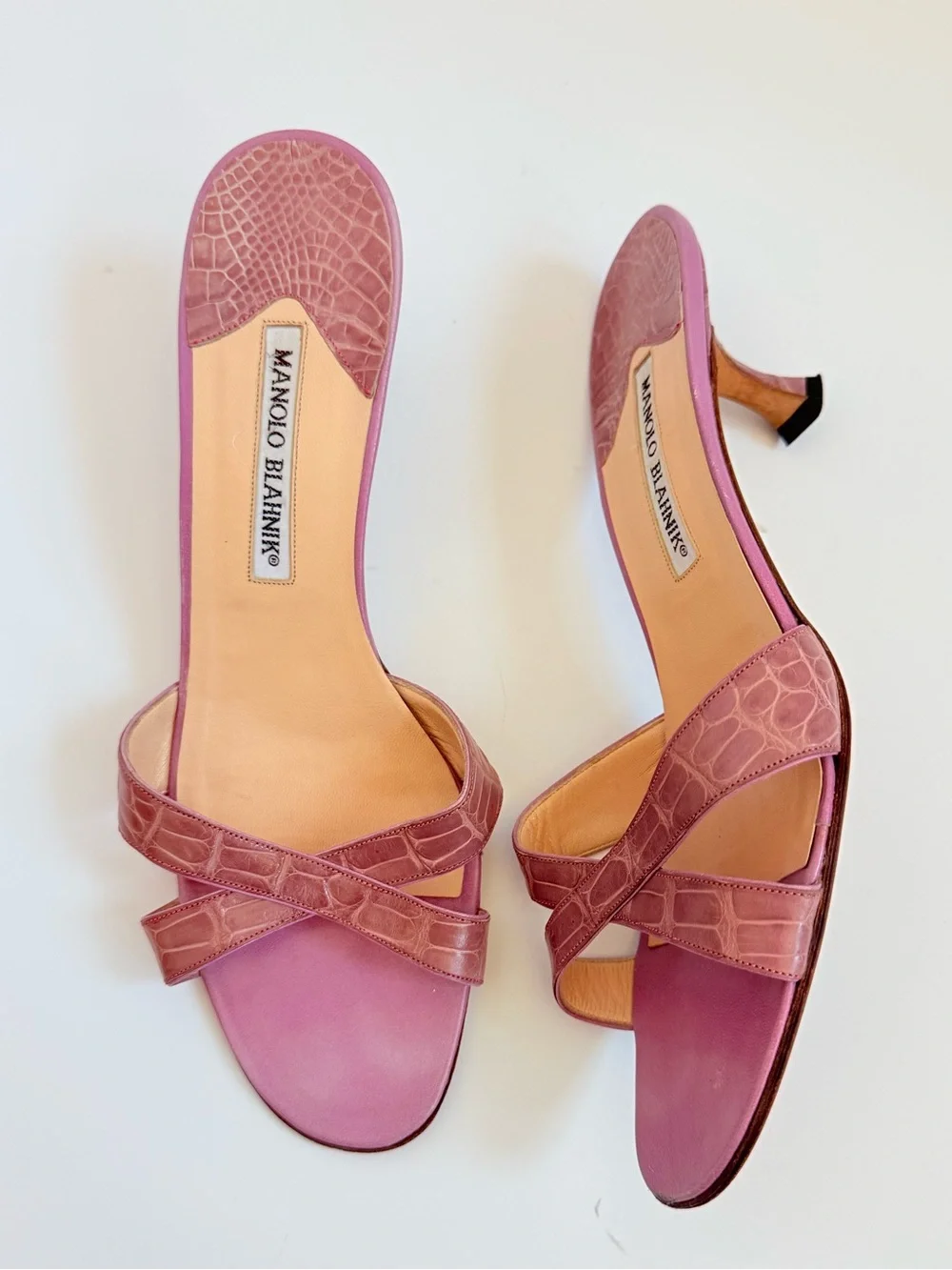Manolo Blahnik Callamu Lilac Pink Crocodile Leather Crisscross Mules Heel 39.5 - Picture 1 of 8
